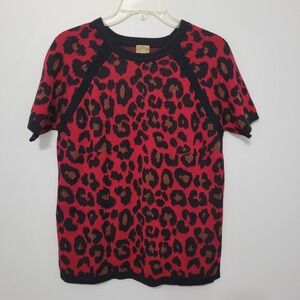 Anne Klein Women's Short Sleeve Sweater Size S Red Black Leopard Print Office